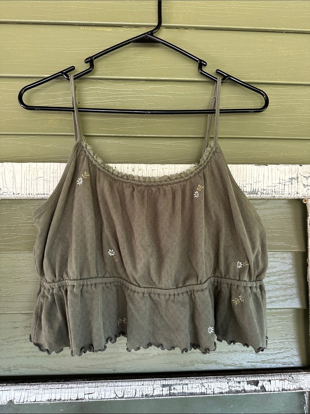 American Eagle Outfitters Olive Green Embroidered Ruffle Cami